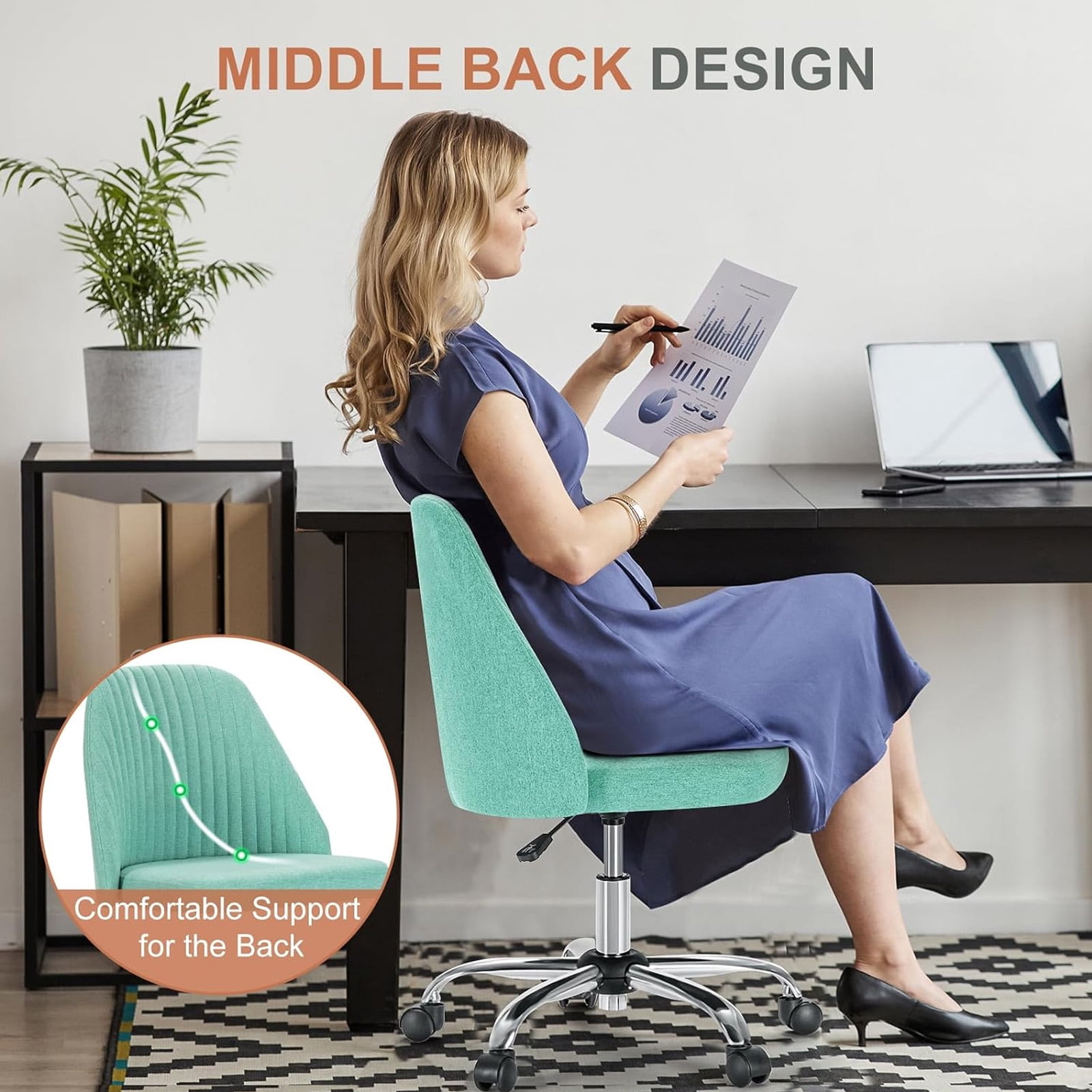 Casabay Armless Office Chair, Extra Cushion Padded Compact Upholstered Desk Chair with Back Support, Rolling Swivel Vanity Chair for Home Office, Green