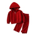 thumbnail image 4 of BLVB Girls 2 Piece Outfit Set Long Sleeve Zipper Knit Sweater Jacket and Lace Wide Leg Pants Lounge Sets Fall Winter Clothes for Toddler Kids(Red,3-4 Years), 4 of 9