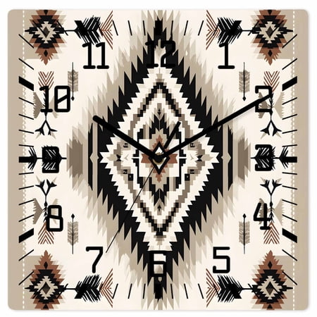 Boho Black Brown Wooden Wall Clock Silent Non Ticking Geometric Southwestern Ethnic Vintage Square Wall Clocks Battery Operated Decor Clock for Home Office Living Room Kitchen 10 Inch