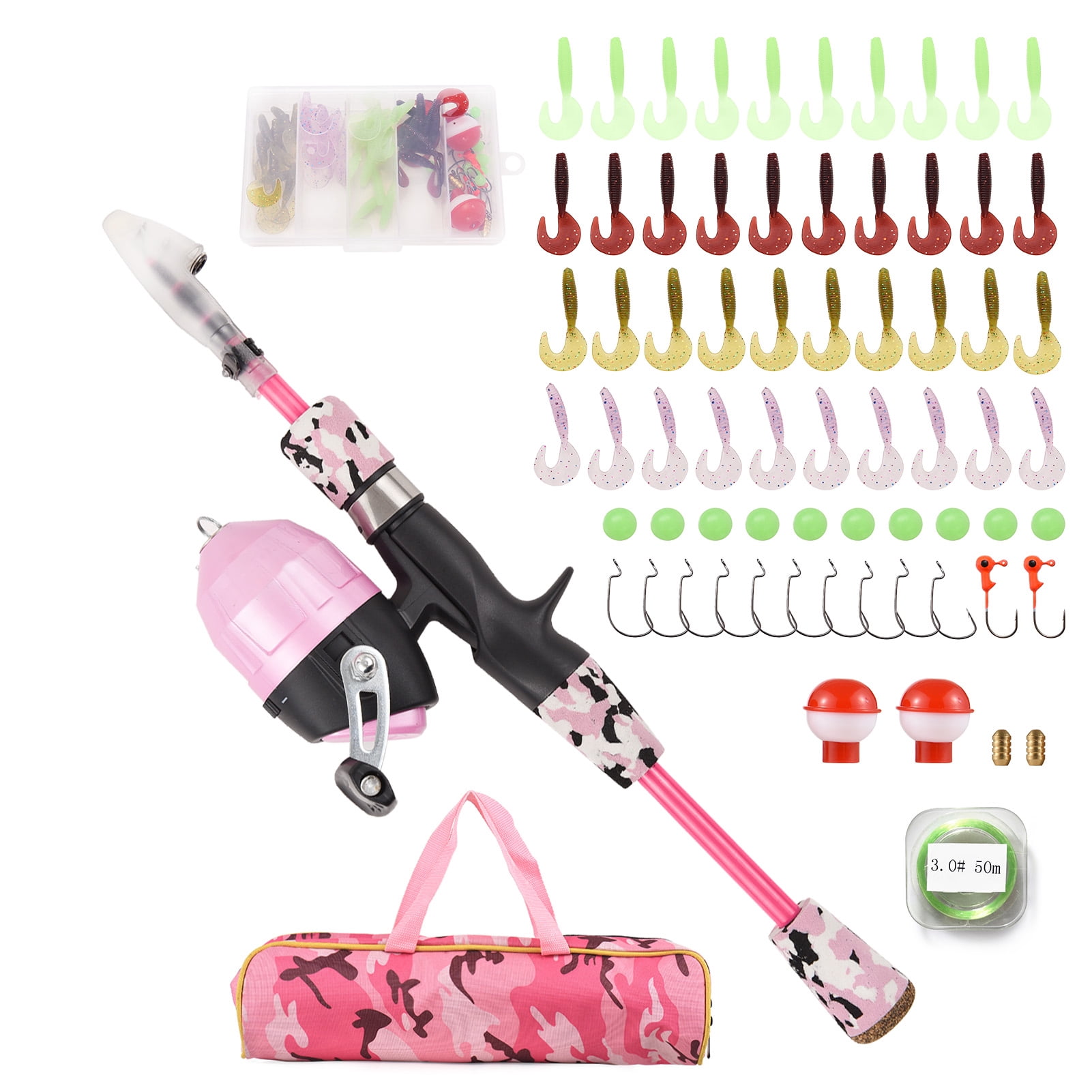Dcenta Kids Fishing Pole Pink, Portable Telescopic Fishing Rod and Reel Combo Kit - with Spincast Fishing Reel Tackle Box for Girls, Youth