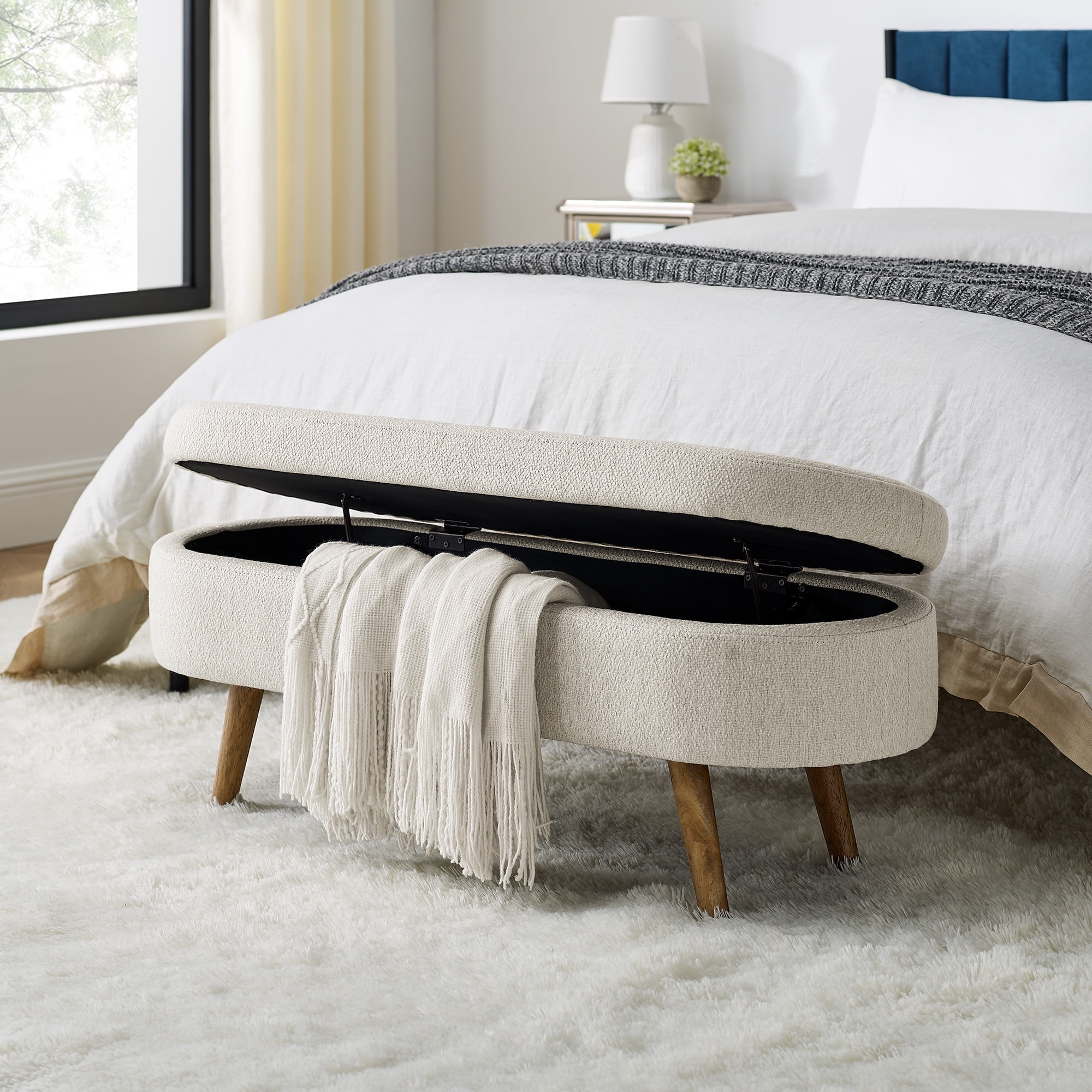 BSHTI Ottoman Oval Storage Bench,Rubber Wood Legs,Storage Bench with Cylindrical Arms and Iron Legs for Hallway Living Room Bedroom