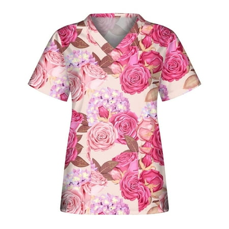 

purcolt Plus Size Scrubs Tops For Women Short Sleeve V-neck Heart Printed Holiday Working Uniforms Valentine s Day Shirts with Pocket