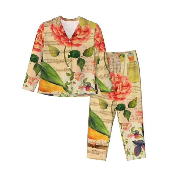 Logiee Vintage Bird Print Womens Pajamas Set,Long Sleeve Sleepwear,Button Down Lounge Set 2 Pieces,Soft Nightwear Pjs Set-Small