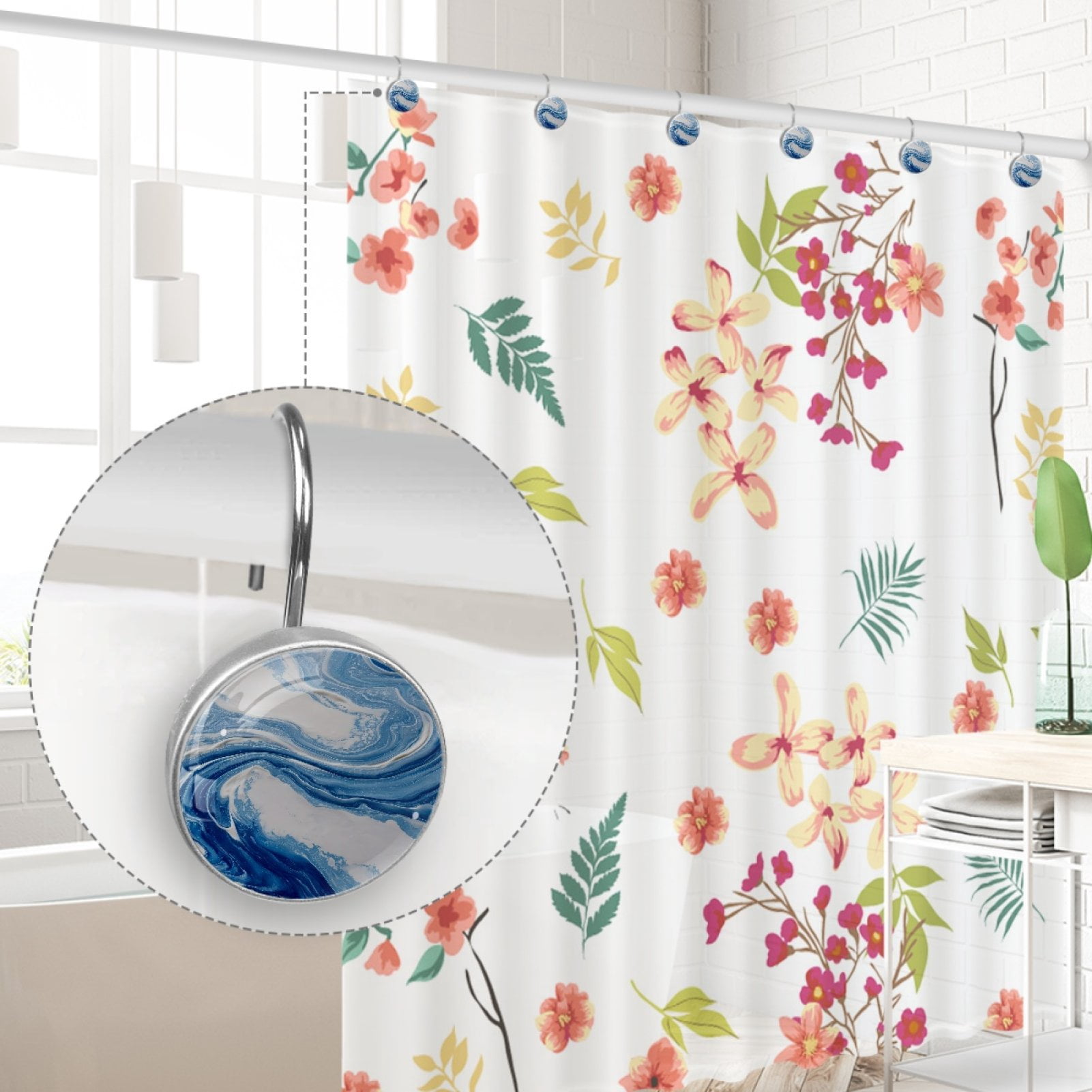 Blue Swirling Marble 12 Pack Shower Curtain Hooks, Decorative Shower Rings for Shower Curtain Rods, Stainless Steel, Rust Resistant, Round Curtain Hooks for Bathroom