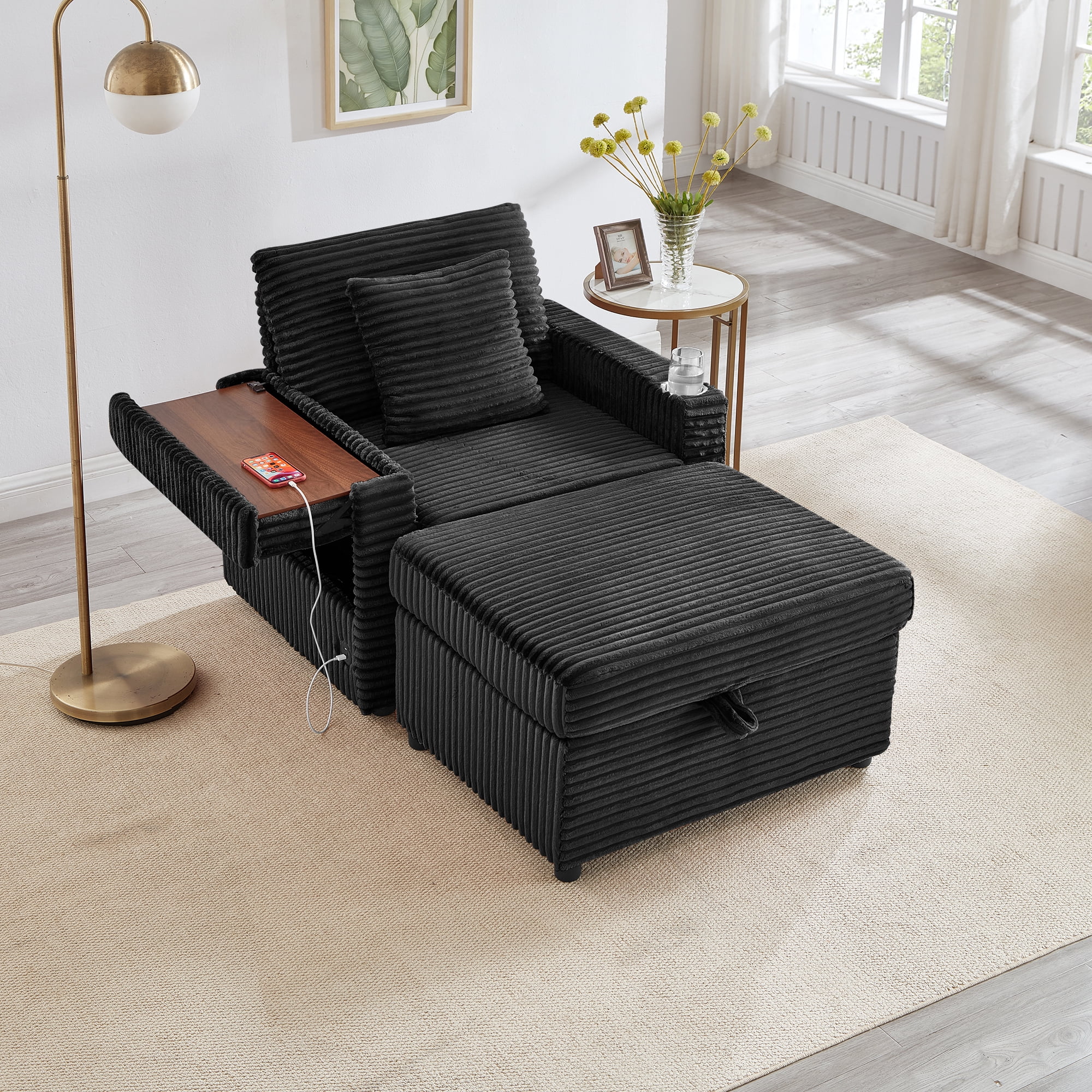 34.5" Soft Chaise Lounge Accent Chair Set with Ottoman, Table Board and Cup Holder