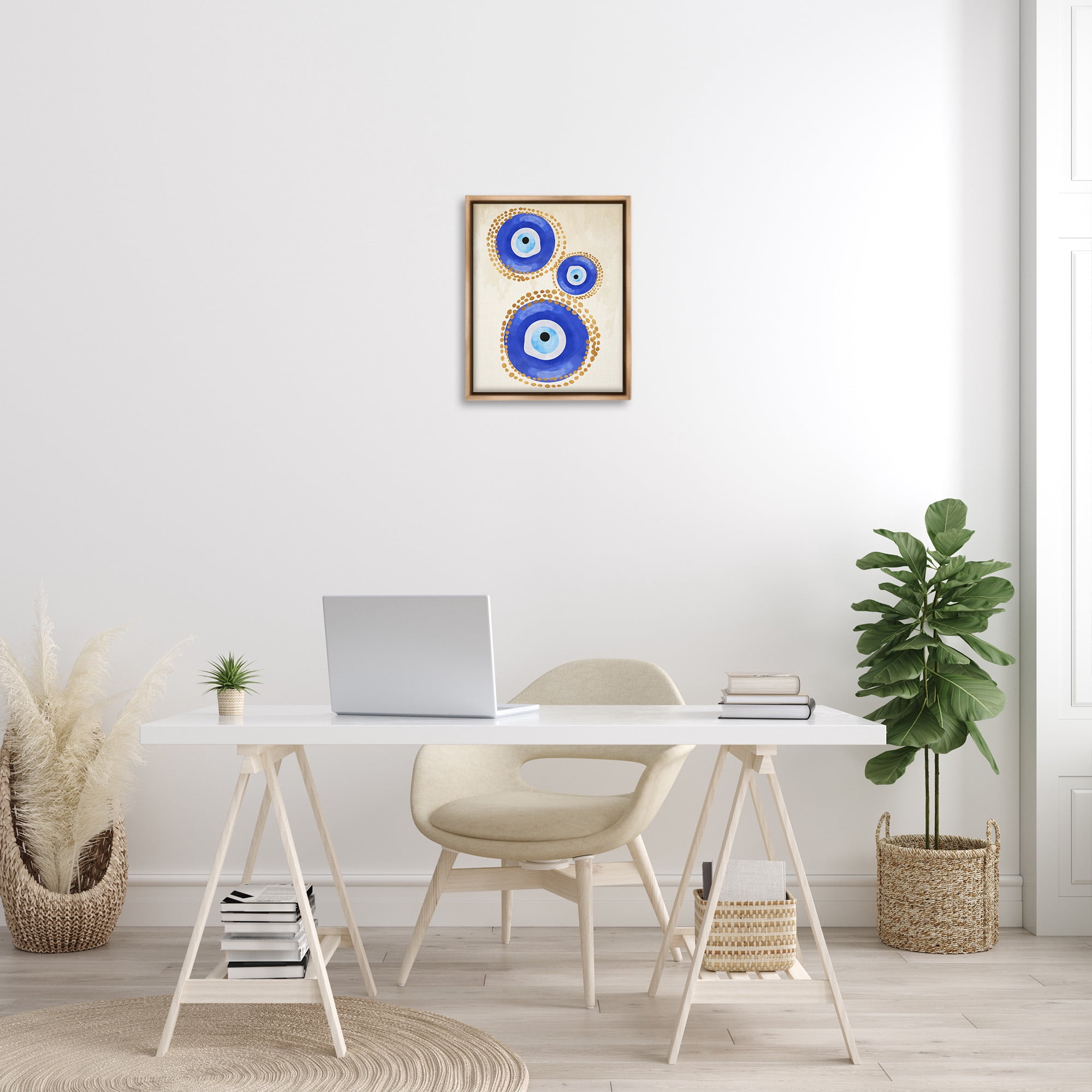 Stupell Industries Round Blue Evil Eye Pattern Abstract Painting Brown Floater Framed Canvas Art Print Wall Art, 17 x 21