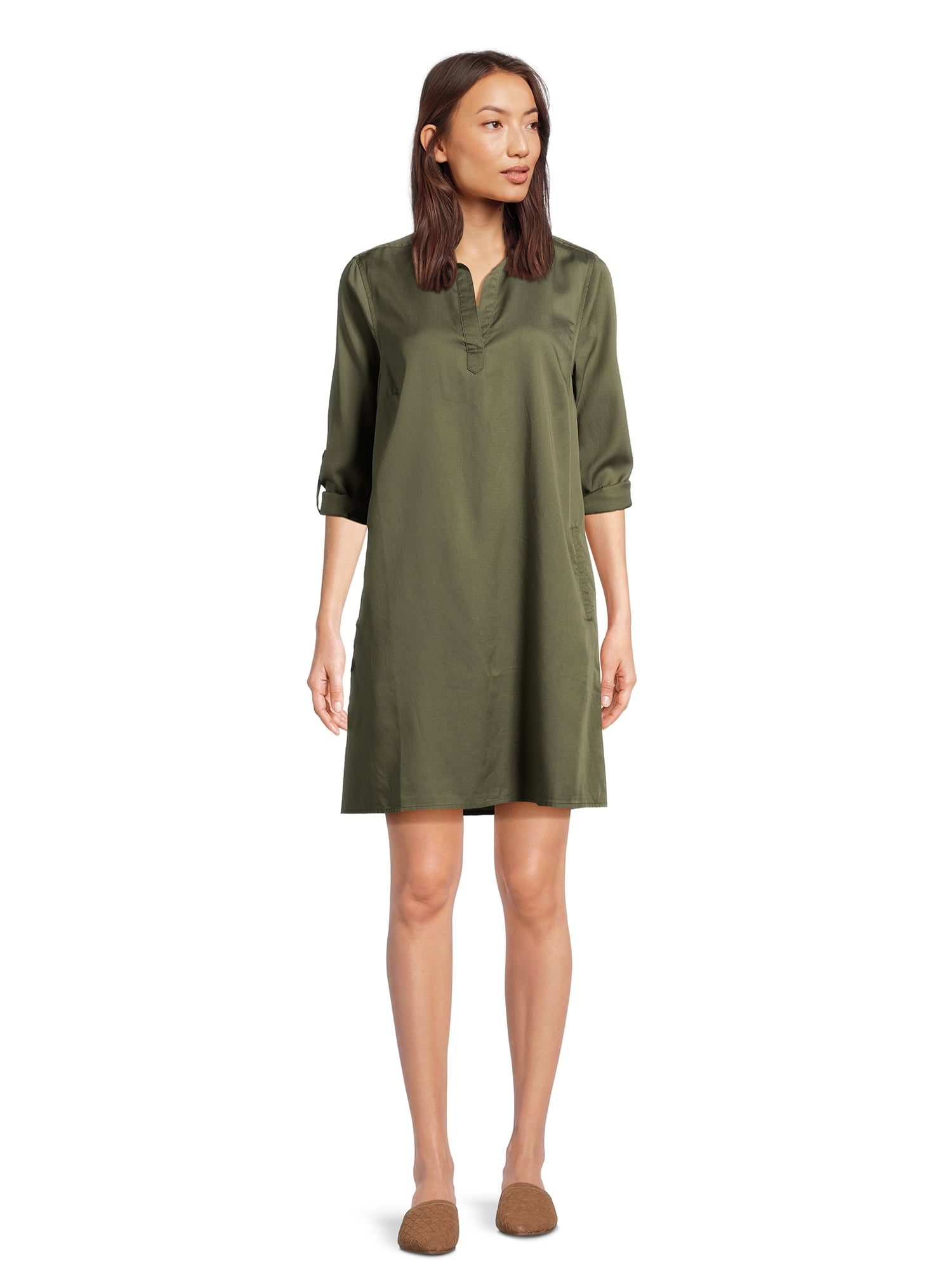 Time and Tru Women's Mini Shirt Dress with Sleeves, Sizes XS-3XL