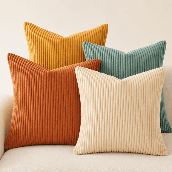 Decorative Throw Pillow Covers 18x18 Set of 4, Soft Corduroy Cushion Covers Orange Teal, Modern Mix and Match Pillow Covers for Couch Sofa Bed, Boho Farmhouse Fall Home Decor