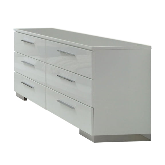 Benjara Wooden Dresser with 6 Drawers and Bar Pull Handles, White and Silver