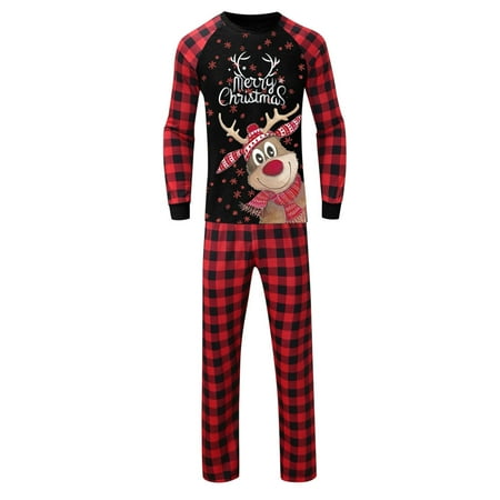 

Mightlink 1 Set O-Neck Long Sleeve Elastic Waist Christmas Parent-child Set Elk Snowflake Plaid Patchwork Print Xmas Top Pants Pajamas Set