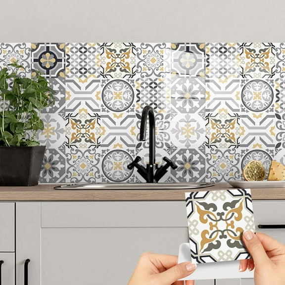 Simple flower tile wall sticker removable kitchen oil-proof tile sticker, Peel and Stick Floor Tile Self Adhesiv Vinyl Flooring, Waterproof Floor Tile 9pcs for Bathroom