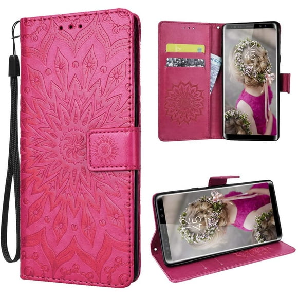 For Samsung Galaxy Note 9 Mobile Phone Cover Leather Pu Wallet Flip Case Flower Pattern Sunflower - Red