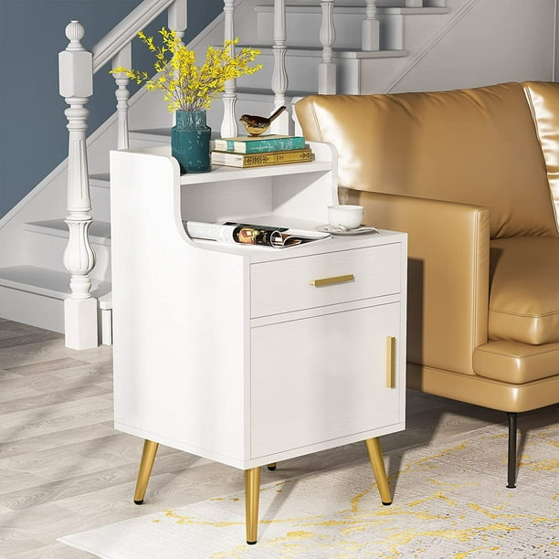 Tribesigns Modern Nightstand with Drawer and Door, White Night Stands