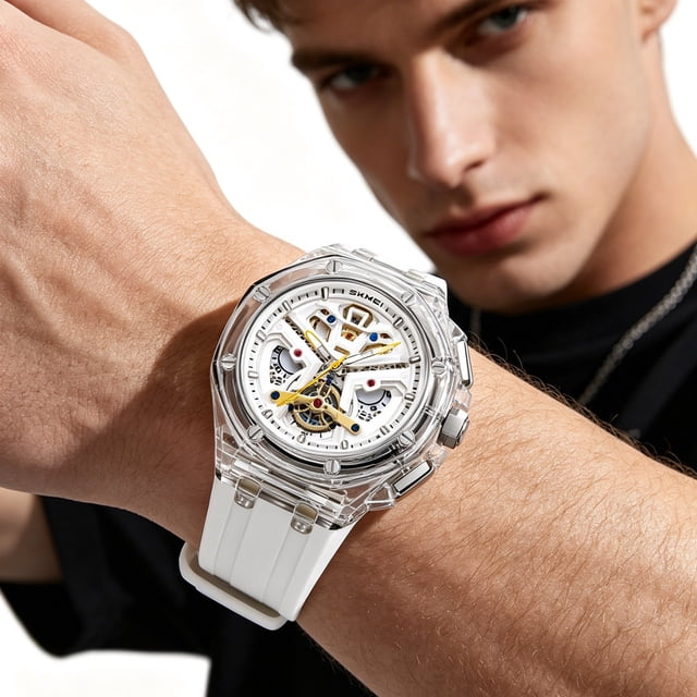Reloj de cuarzo transparente hexagonal para hombre con caja calada, impermeable, estilo casual y de negocios, reloj de pulsera analógico automático para uso diario y fiestas