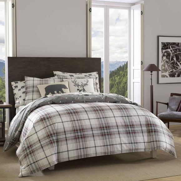 Eddie Bauer - Twin Comforter Set, Reversible Cotton Bedding with Matching Sham, Breathable Home Decor for All Seasons (Alder Grey/Red, Twin)