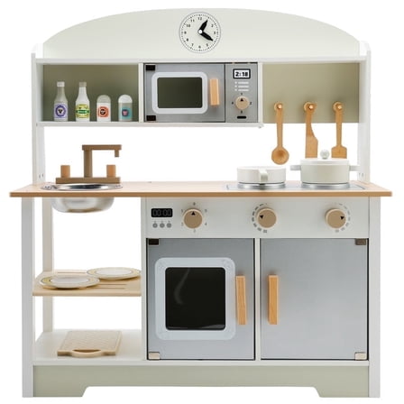 Kids Play Kitchen Set Toy, Wooden Pretend Chef Cooking Play Set with Microwave, Pan, Sink, Cookware Accessories Kitchen Set for Toddlers, Boys, Girls, Gift for Ages 2 