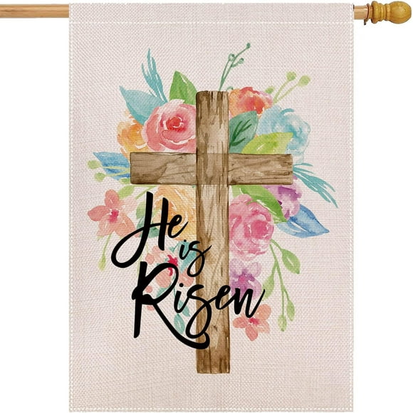 E He is Risen Flags for Outdoors 28 X 40 Double Sided Spring House Flag - Christian Religious Cross Rustic Outdoor Decorations