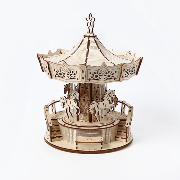 Music Carousel Model Toy 3D DIY Wooden Building Kit Puzzle Set Jigsaw for Gifts