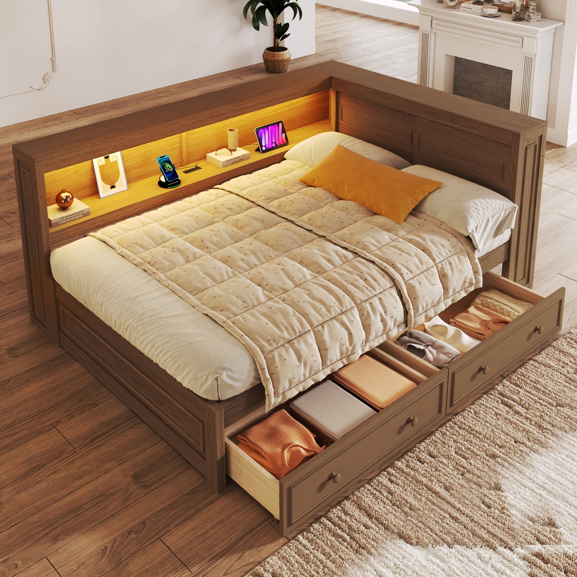 Euroco Full Size Wood Daybed with Storage Shelves and Drawers, Platform Bed with LED Light and USB Ports, Wood