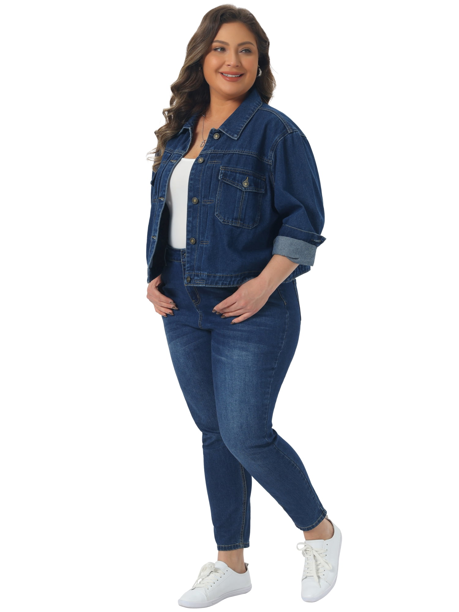 DARING DIVA Women's Plus Long Sleeve Button Down Jean Jackets 1X Dark Blue