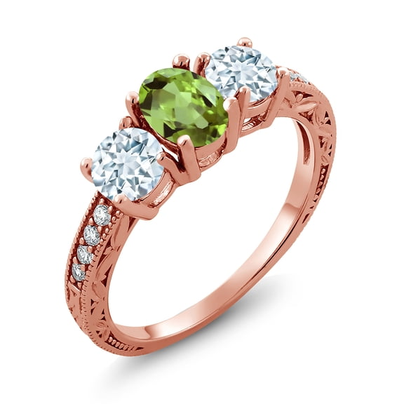 Gem Stone King 2.02 Ct Oval Green Peridot Sky Blue Aquamarine 18K Rose Gold Plated Silver Moissanite Ring (Size 9)