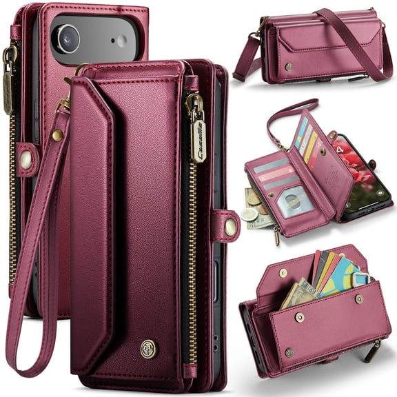 for iPhone Air Full Body Protection Wallet Folio Flip Case, Shoulder Strap & Wristlet Card Slots Zipper Pocket RFID Blocking Rugged Durable PU Leather Phone Case Cover, Winered