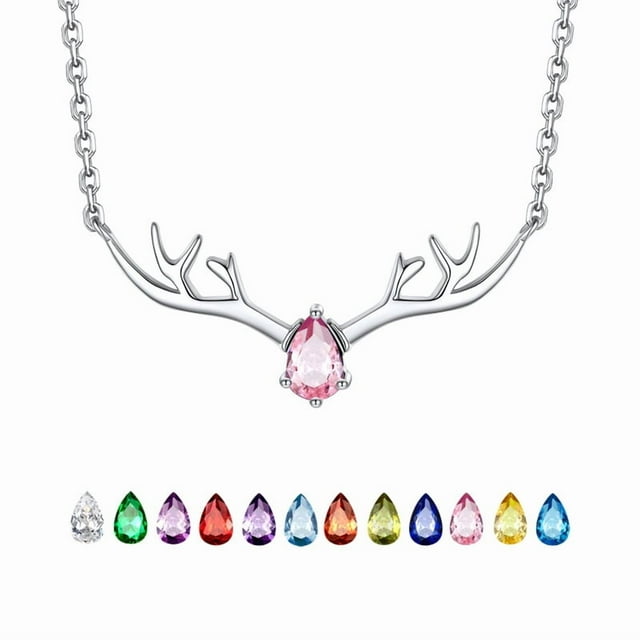 Collar de plata para mujer Silvora Collares con colgante único de cuerno de ciervo Cristal sintético Piedra natalicio Regalos de Navidad para mamá, hija, esposa