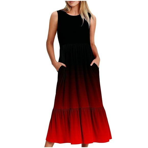 Dvkptbk Summer Casual Beach Dresses for Women 2024 Fashion Gradient Dress Sleeveless Midi Dress Swing Tank Sundress Pleated Tank Dress with Pockets
