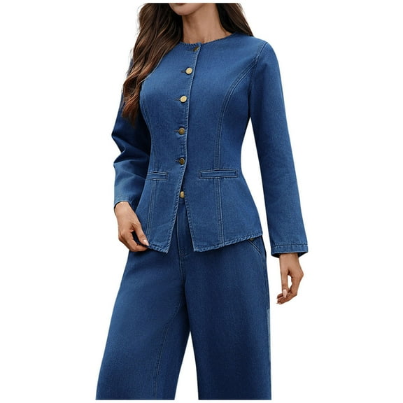 Women's Peplum Denim Jackets Round Neck Long Sleeve Retro Button Down Cropped Ruffle Hem Jacket