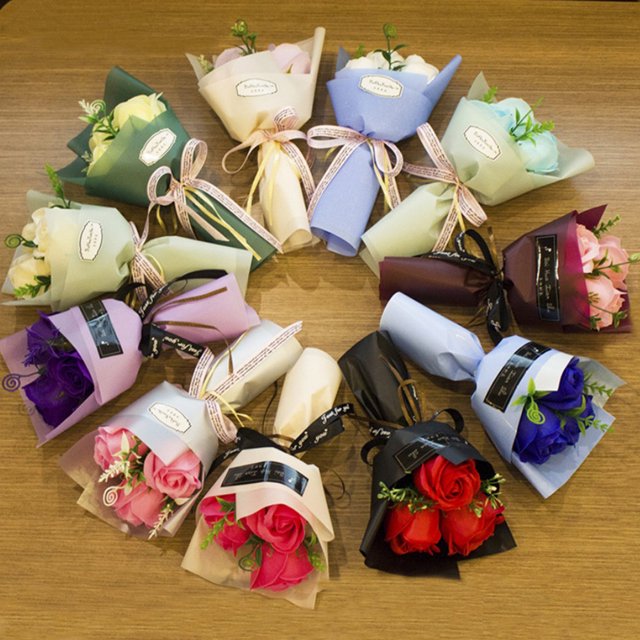 3 Têtes Artificial Rose Bouquet Savon à Main Flower Cadeau de la Saint-Valentin