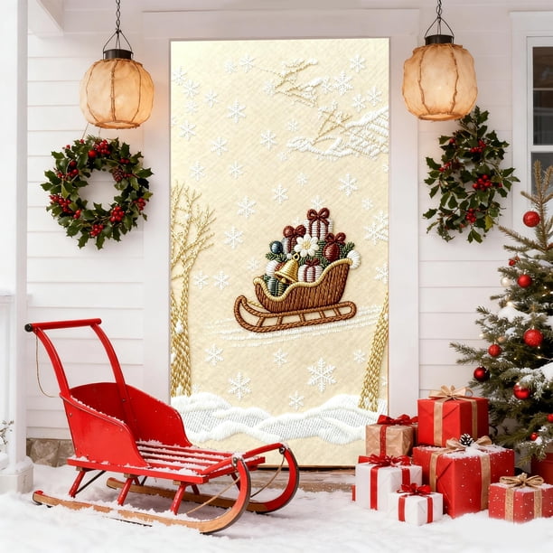 Cubrepuertas bordado estereoscópicamente, cortina navideña para puerta, decoración festiva de pared, decoración para fiestas navideñas, fácil instalación, diseño plegable, tela de algodón,