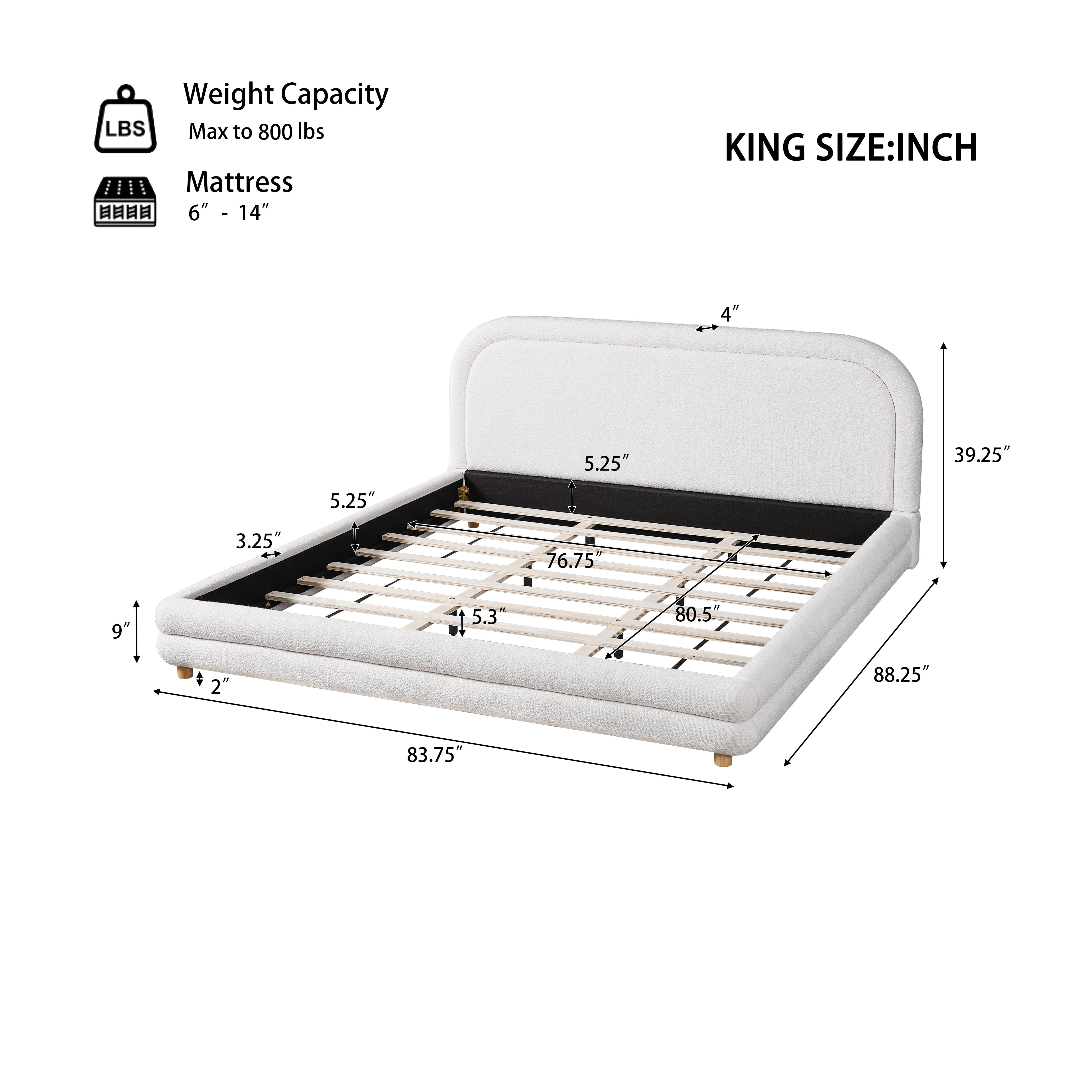 King Size Bed Frame with Boucle Upholstered Thick Curved Headboard & Solid Wood Legs, Platform Bed for Bedroom, White
