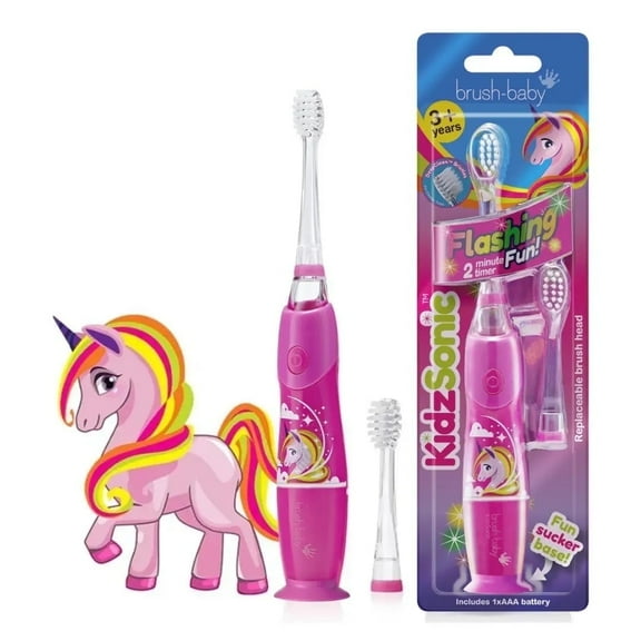 Brush-Baby KidzSonic Kids Electric Toothbrush, Pink Unicorn, Soft Bristles, Disco Lights, Smart Timer, 2 Brush Heads