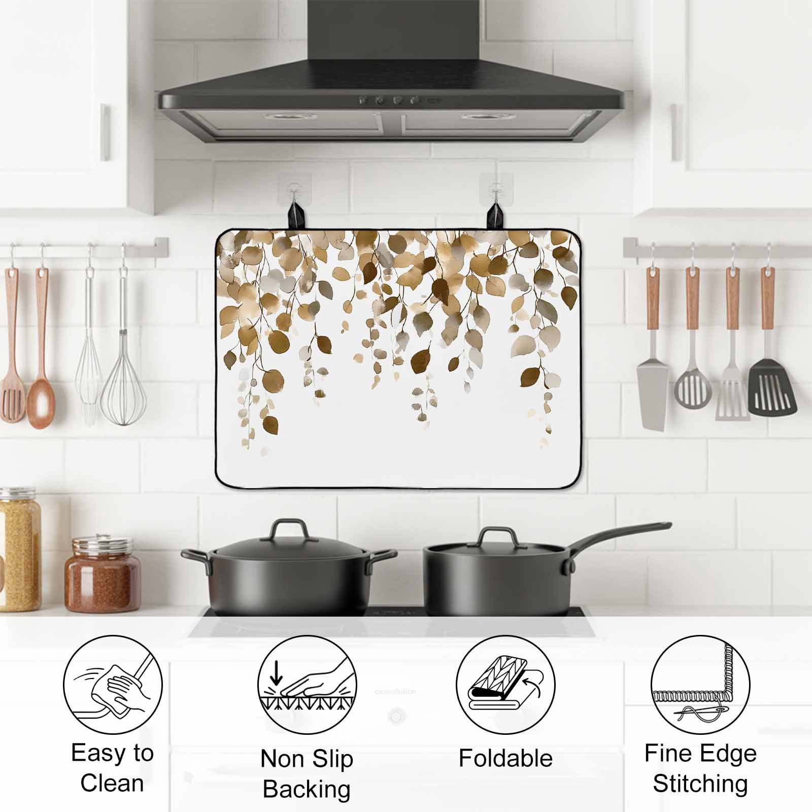 Brown Eucalyptus Leaves Stove Top Cover for Electric Stove, Heat-proof & Non Slip Glass Top Stove Cover Protector, Summer Watercolor Leaf Kitchen Flat Cooktop Rubber Mat 24x21 Inches