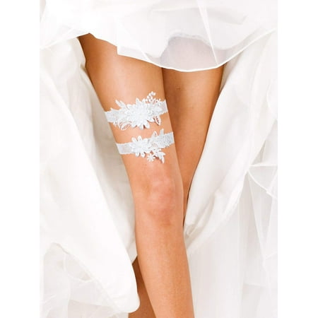 

2 Pieces Wedding Garters Daisy Lace Bridal Garter Hand Sewn Faux Pearls Garter for Bride (White)