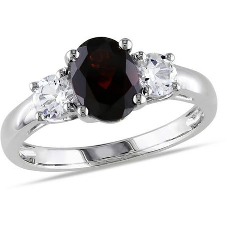 2 Carat T.G.W. Oval-Cut Garnet and Created White Sapphire Sterling Silver Three-Stone Ring