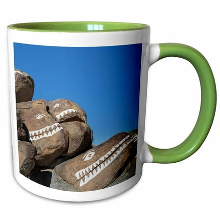 Crocodile Rock - 3dRose USA, California, Trona Pinnacles. Rocks painted with crocodile faces - Two Tone Green Mug, 11-ounce