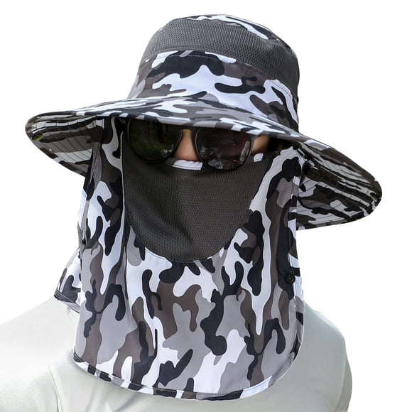 Sombrero de pesca solar UPF 50+ para hombres y mujeres, sombrero de ala ancha con cubierta facial desmontable y solapa para el cuello