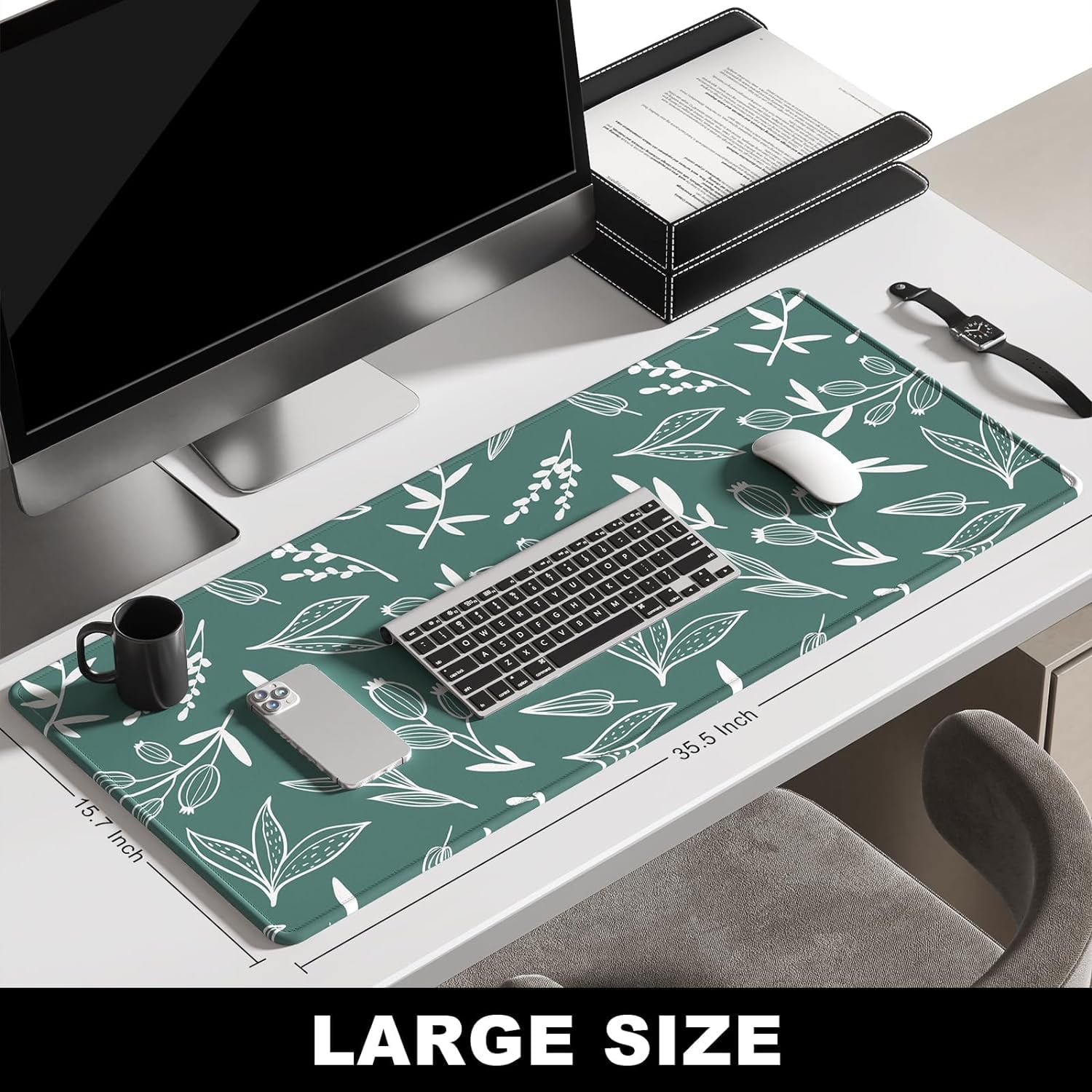 Large Mouse Pad, Desk Pad, XXL XL Extended Gaming Mouse Pad, Desk Mat for Office & Home, Long Keyboard Mat, Huge Mouse Pad, Desktop Full Cover 35.5 x 15.7 Inches, Minimalist Green Flowers