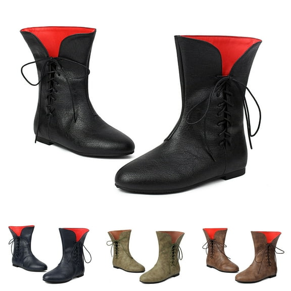 Dakaela Retro Western Ankle Boots for Women Lace up Wide Calf Booties Vintage Winter Work Boot Black 5.5