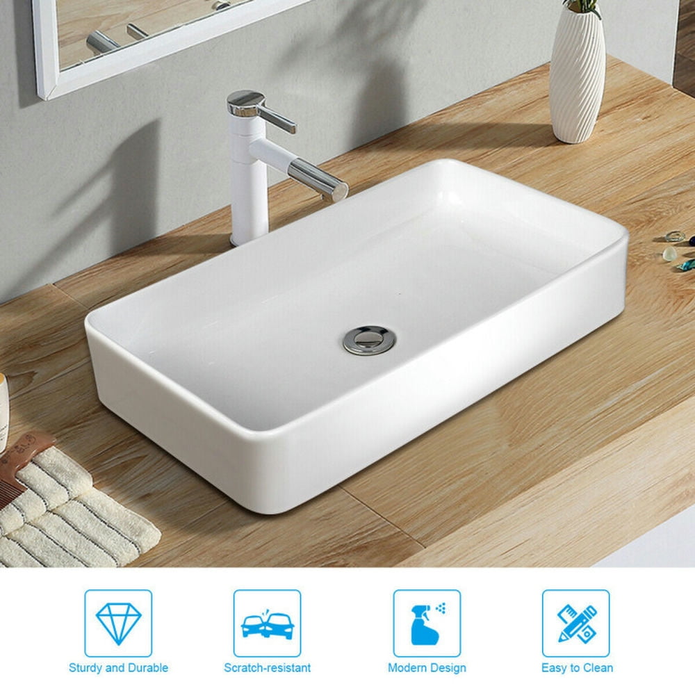 Finihen Bathroom Vessel Sink, Rectangle Ceramic Basin, 24 x 14 Inch Rectangle Bathroom Vessel Sink with Pop-up Drain, White Finihen Bathroom Vessel Sink, Rectangle Ceramic Basin, 24 x 14 Inch Rectangle Bathroom Vessel Sink with Pop-up Drain, White