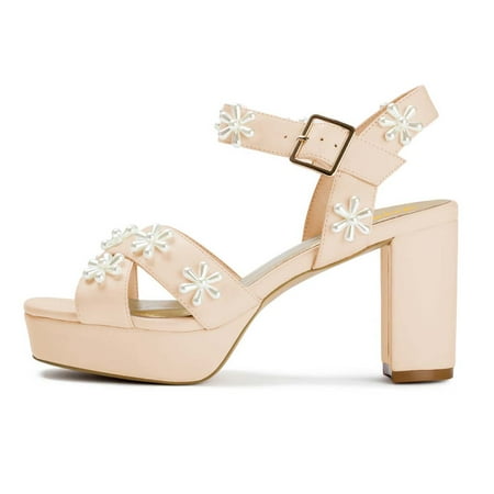

XYD Women s Open Square Toe Platform Sandals Ankle Strap Block Heeled with Pearl Flower Shoes for Events Weddings Size 12.5 PeachPuff