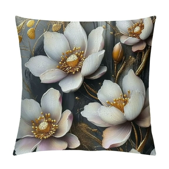 Patifu Floral Throw Pillow Cushion Cover Modern Spring Flowering Branches on Abstract Swirling Background Print, Decorative Accent Blue Grey and Mustard 12x12in