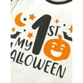 thumbnail image 5 of Seyurigaoka Baby Girls Boys Halloween Playsuits Letter Pumpkin Stars Moon Bat Cat Print Romper Tops Round Neck Long Sleeve Jumpsuit, 5 of 8