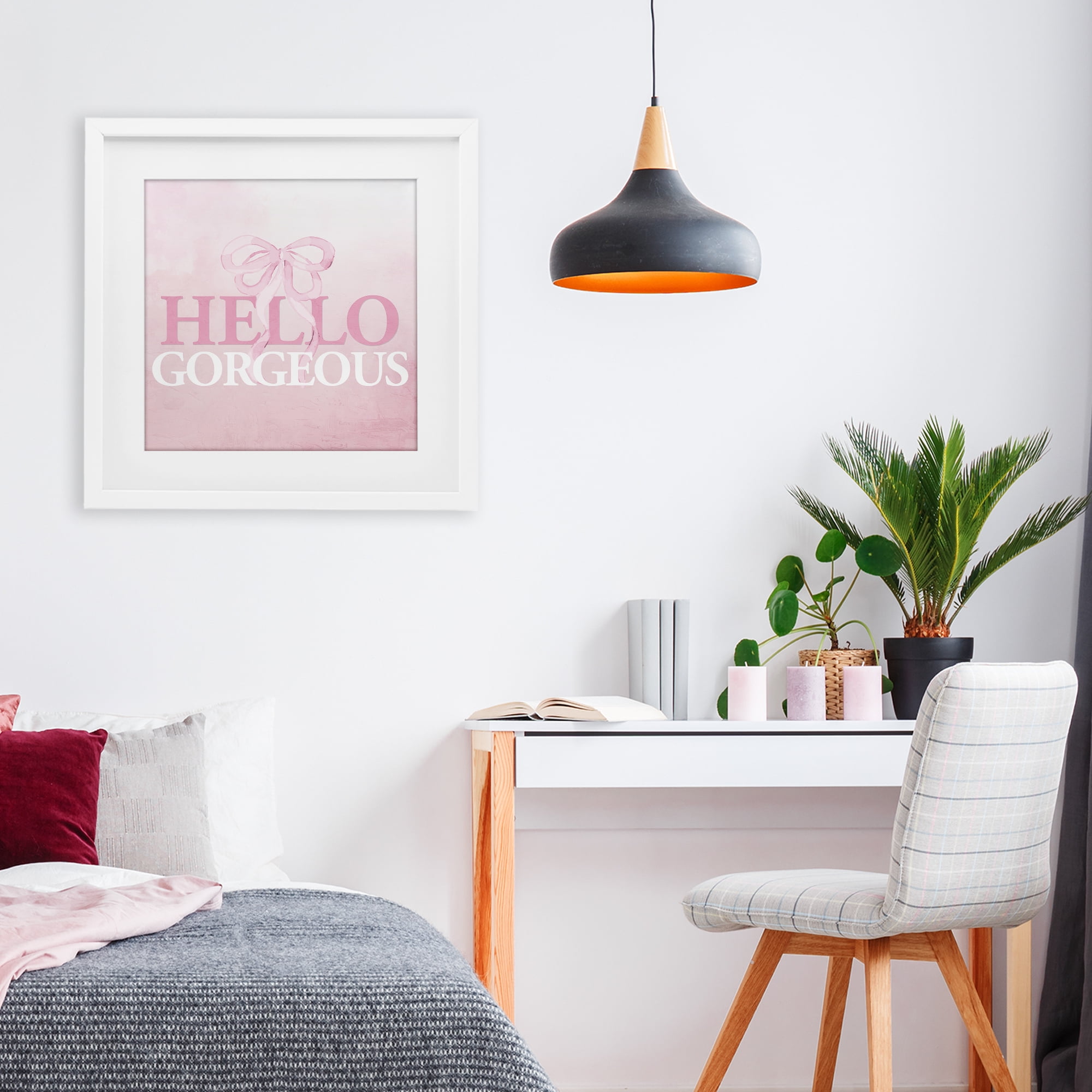 Feminine Hello Gorgeous White Framed Print Under Glass, design by Kim Allen