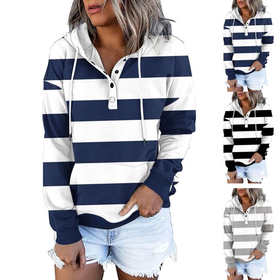 HAPIMO Sweatshirt for Women Long Sleeve Casual Striped Color Splicing Sweatshirt Button V-Neck Pullover Tops Pocket Drawstring Teen Girls Fashion Clothes Black S