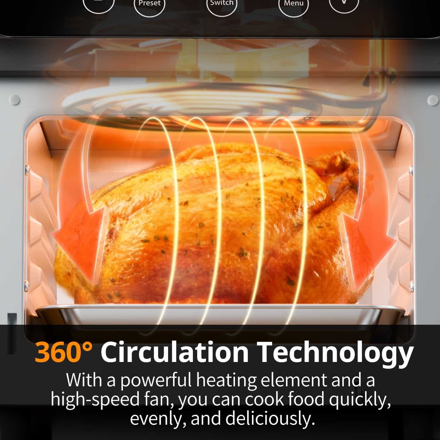 TINANA 10 QT Air Fryer Oven, 8 Preset Functions, LED Smart Touch Display, Oil-Less Cooking, Visible Window, Black