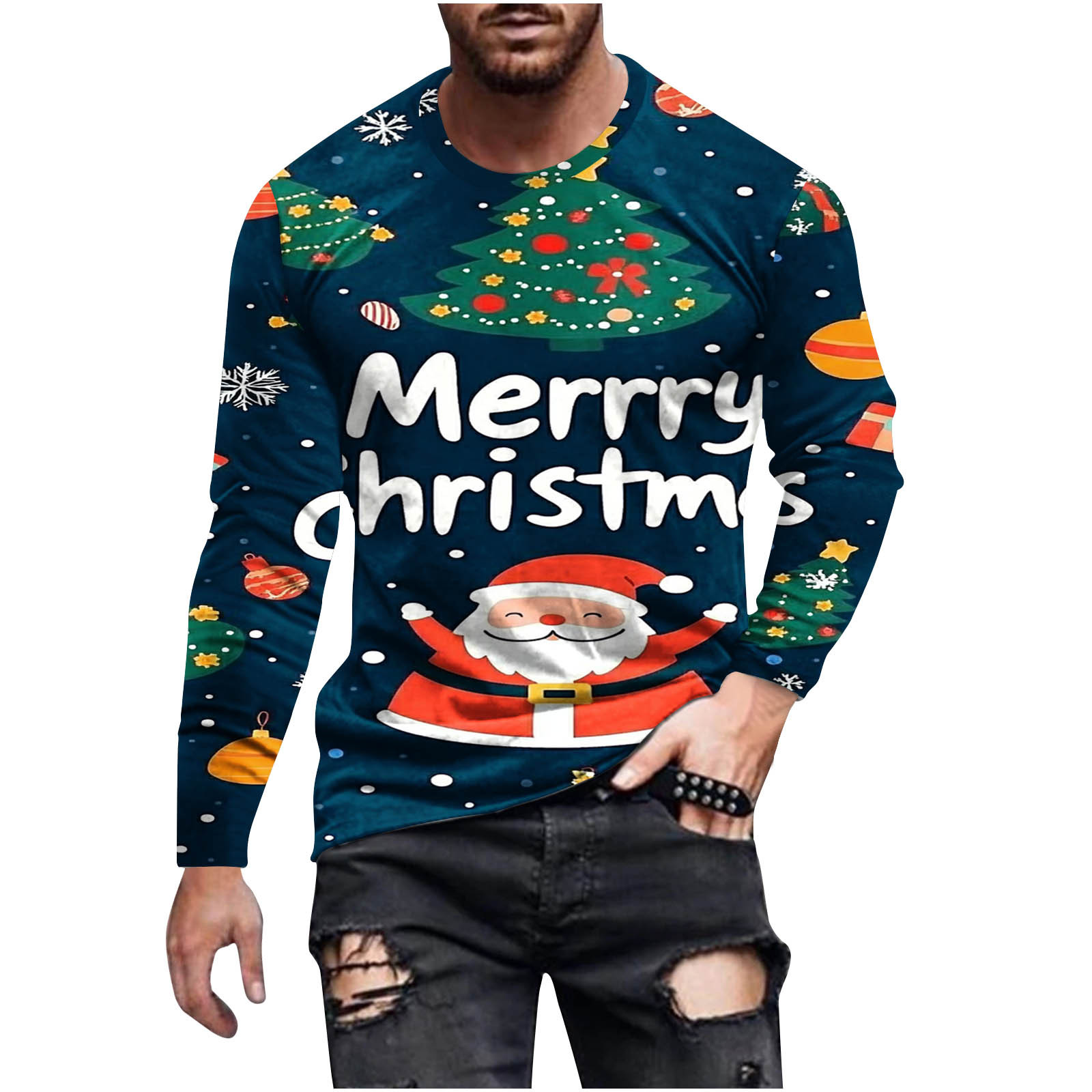Stamzod Christmas Long Sleeve Shirts Casual Oversized Graphic Tees Men Crewneck Pullover Tee Tops Christmas Gifts for Men Multicolor-5 XXXL