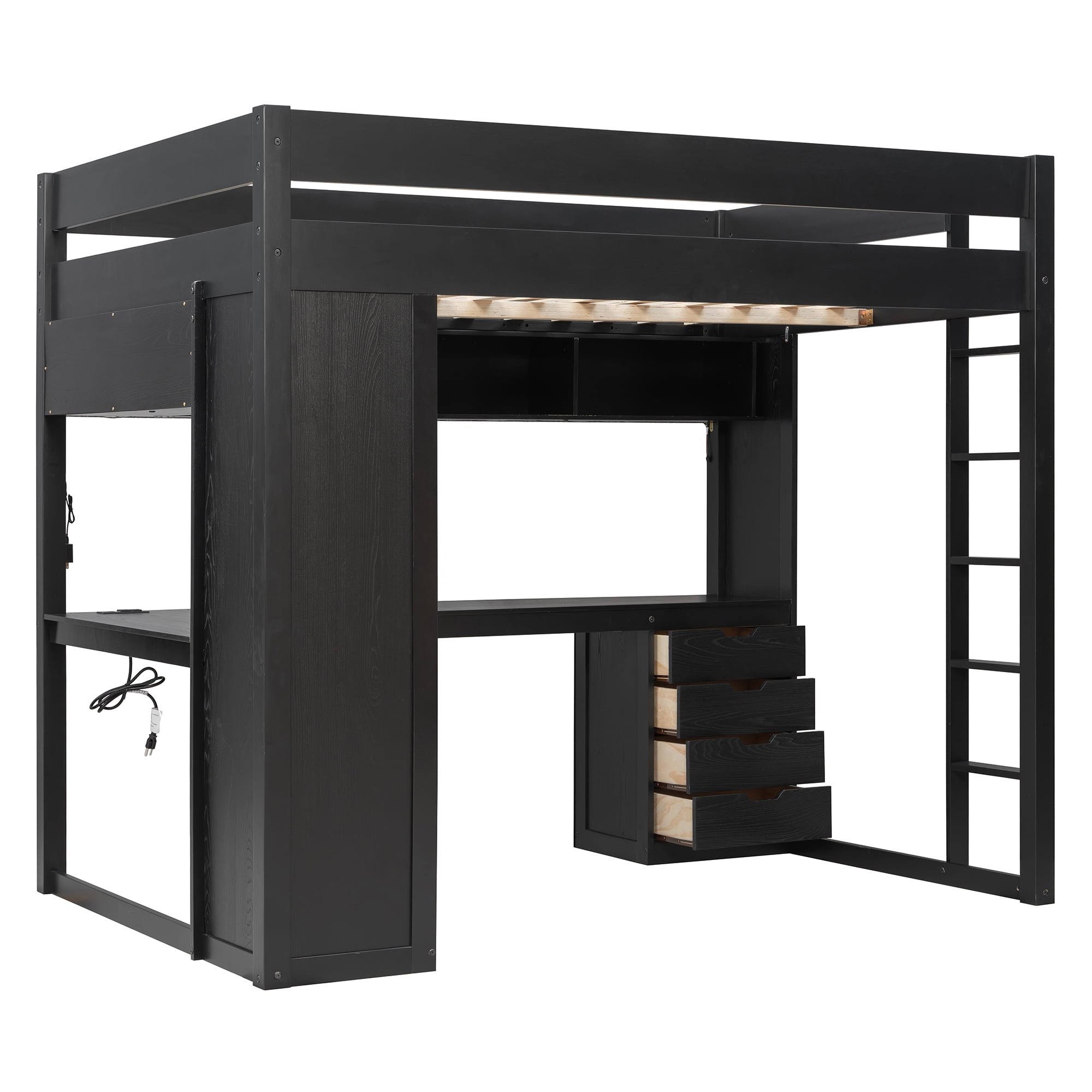 Mintazer Full Loft Bed with L-Shaped Desk & Smart LED Lights and Charge Station, Modern Loft Bed with 4 Storage Drawers & Shelves, Black