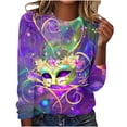 thumbnail image 2 of Cavosen Carnival Womens Tops Dressy Long Sleeve Mardi Gras Mask Graphic Print Blouse Crewneck Party Festival Shirts Comfy Stylish Holiday Tops Party Funny T-Shirt Purple M, 2 of 4